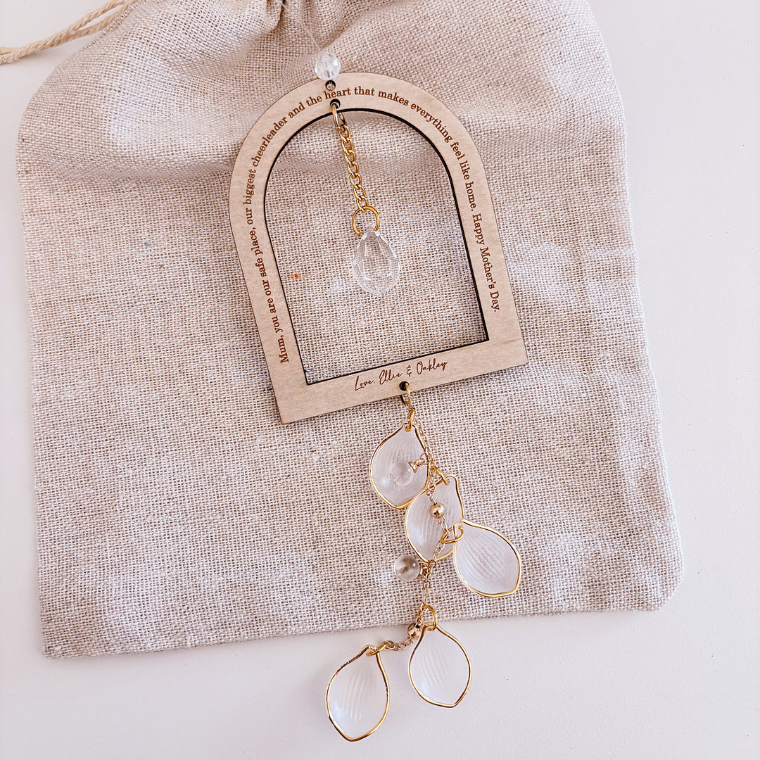 Personalised Arch Suncatcher - Glass Crystal - Gold Lined Leaf - Keepsake - Mother&