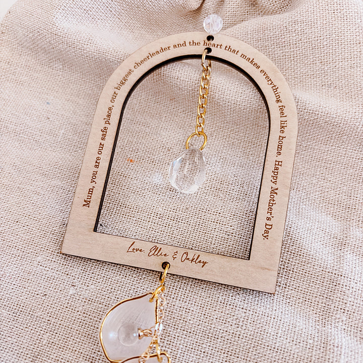 Personalised Arch Suncatcher - Glass Crystal - Gold Lined Leaf - Keepsake - Mother&