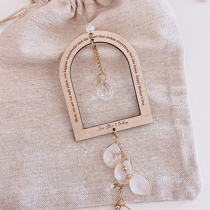 Personalised Arch Suncatcher - Glass Crystal - Gold Lined Leaf - Keepsake - Mother&