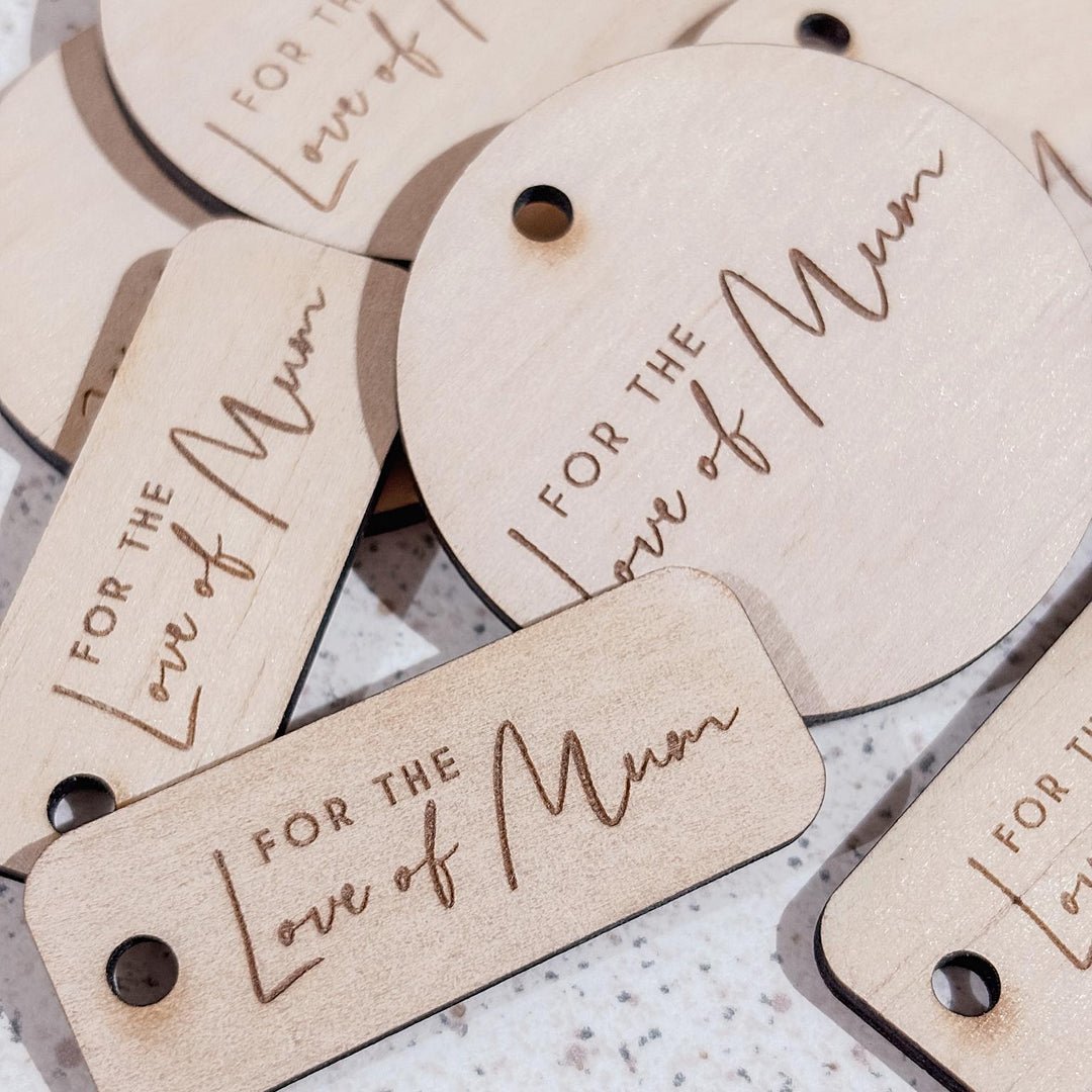 Timber buttons and tags available in bulk supply for small businesses, makers and event organisers.