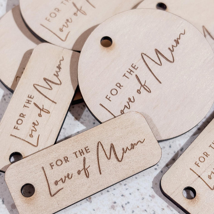Timber buttons and tags available in bulk supply for small businesses, makers and event organisers.