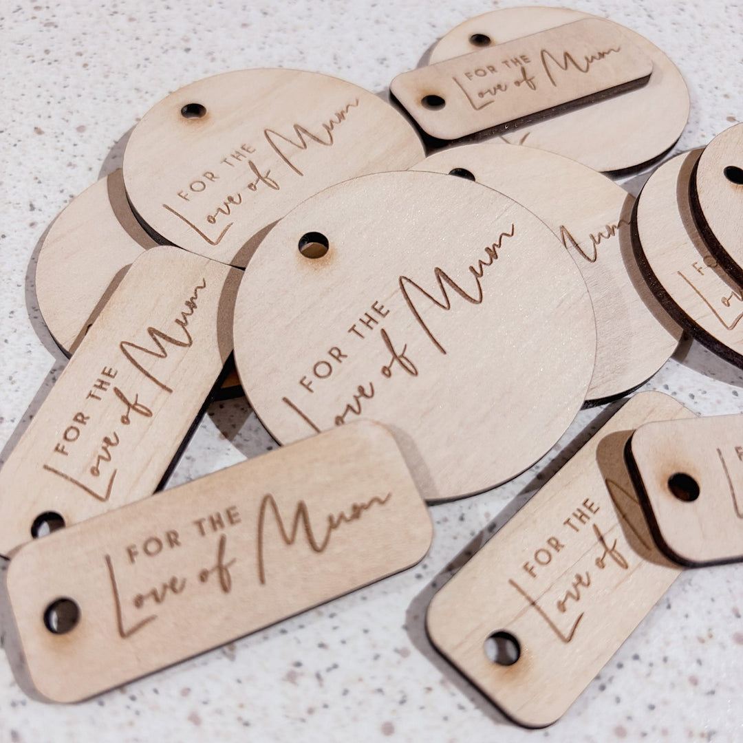 Timber buttons and tags available in bulk supply for small businesses, makers and event organisers.