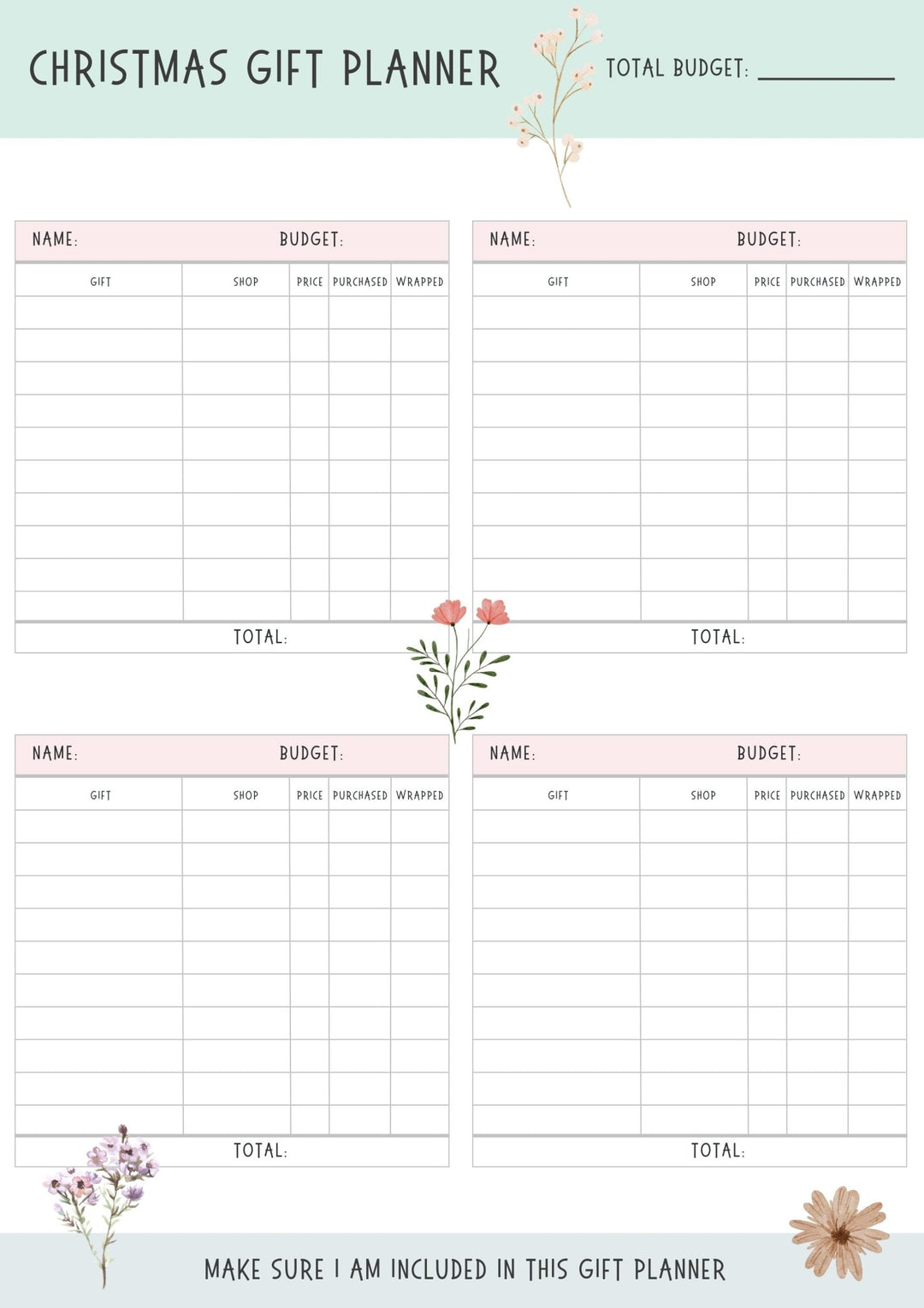 Christmas Gift Planner Bundle Instant Download - ShartrueseWeekly Meal Planner Digital