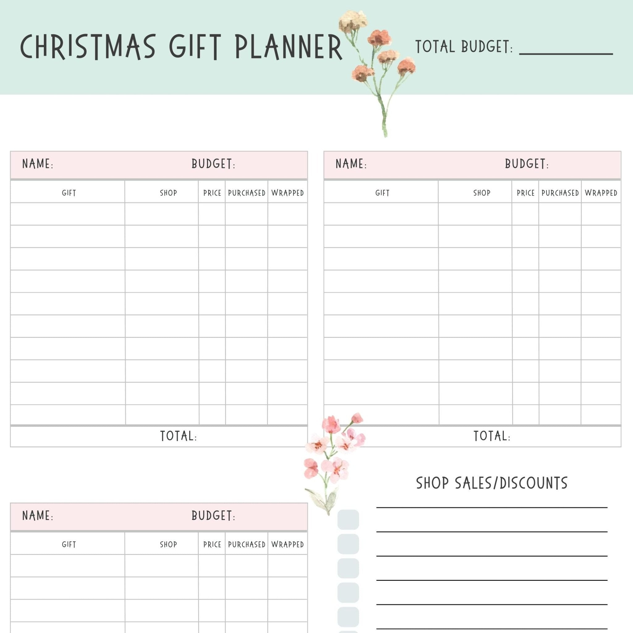 Christmas Gift Planner Bundle Instant Download - ShartrueseWeekly Meal Planner Digital