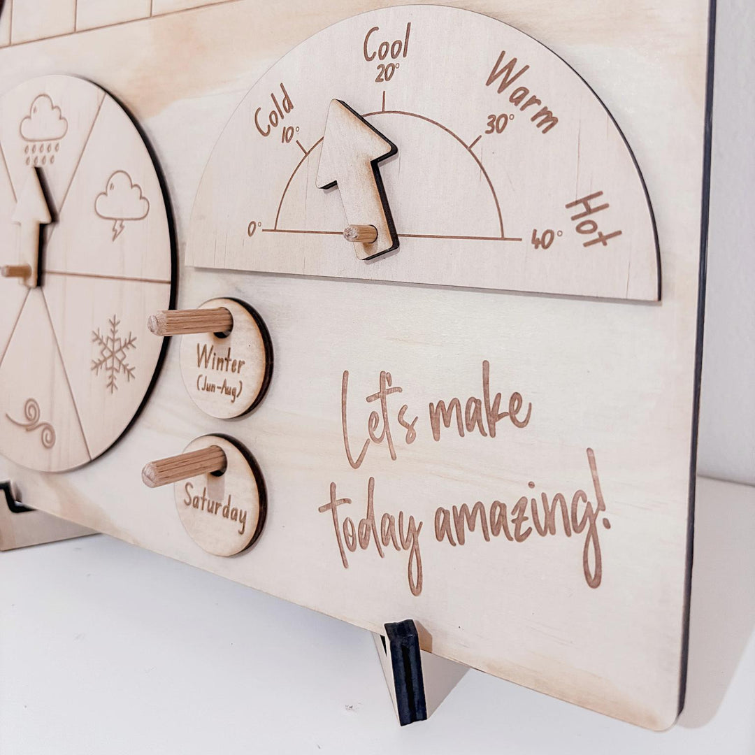 Montessori-inspired classroom calendar with wooden discs for days, months, seasons, weather incl. six Nyoongar seasons.