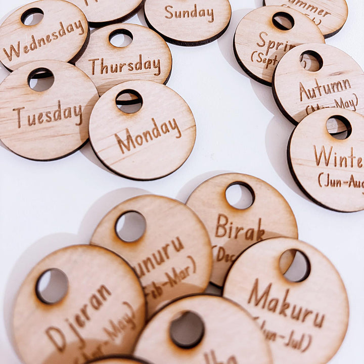 Montessori-inspired classroom calendar with wooden discs for days, months, seasons, weather incl. six Nyoongar seasons.