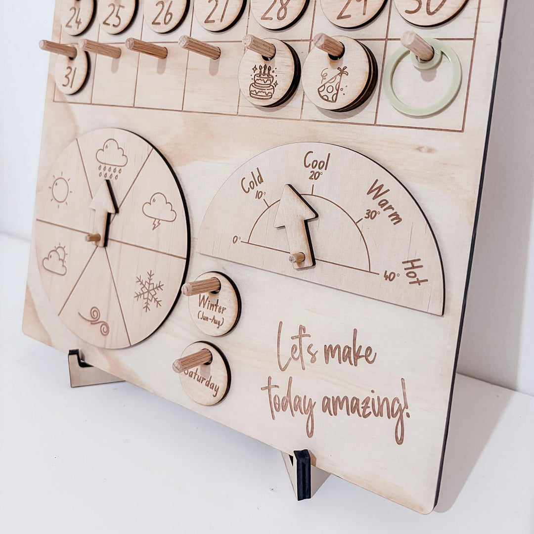 Montessori-inspired classroom calendar with wooden discs for days, months, seasons, weather incl. six Nyoongar seasons.