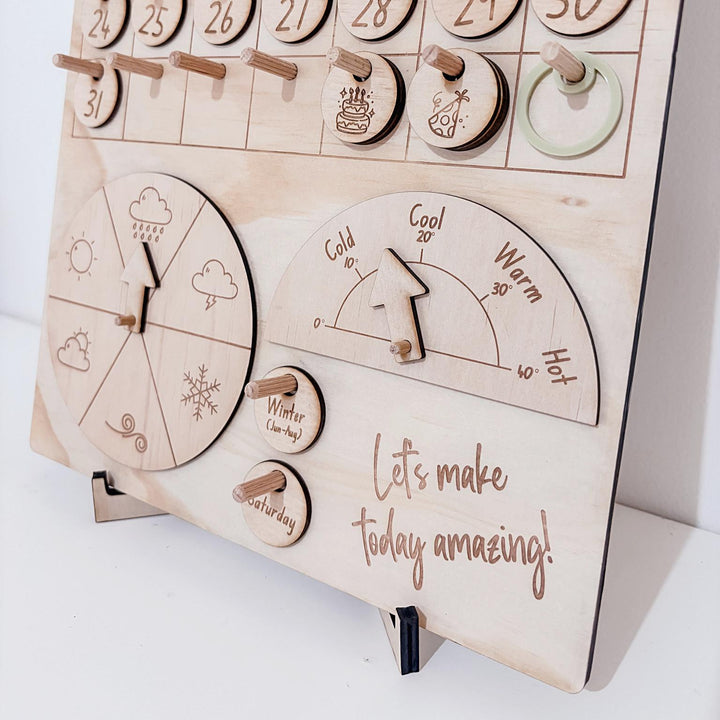 Montessori-inspired classroom calendar with wooden discs for days, months, seasons, weather incl. six Nyoongar seasons.