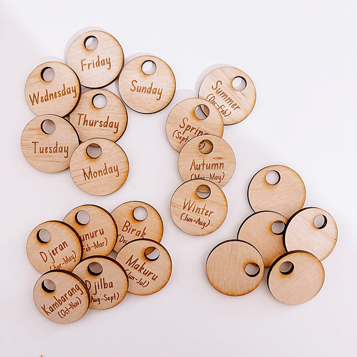 Montessori-inspired classroom calendar with wooden discs for days, months, seasons, weather incl. six Nyoongar seasons.