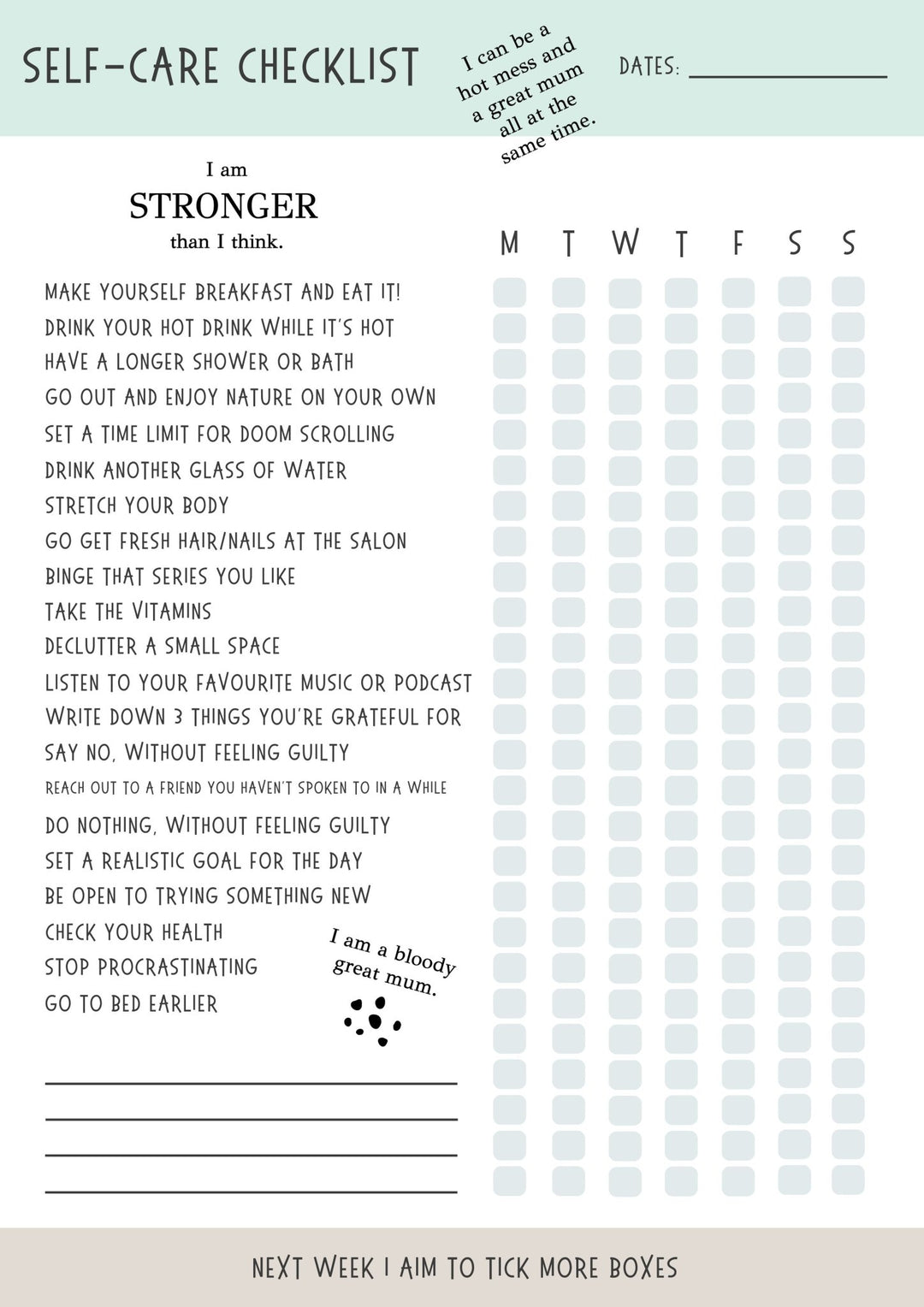 Weekly Self-Care Checklist Printable - ShartrueseWeekly Meal Planner Digital