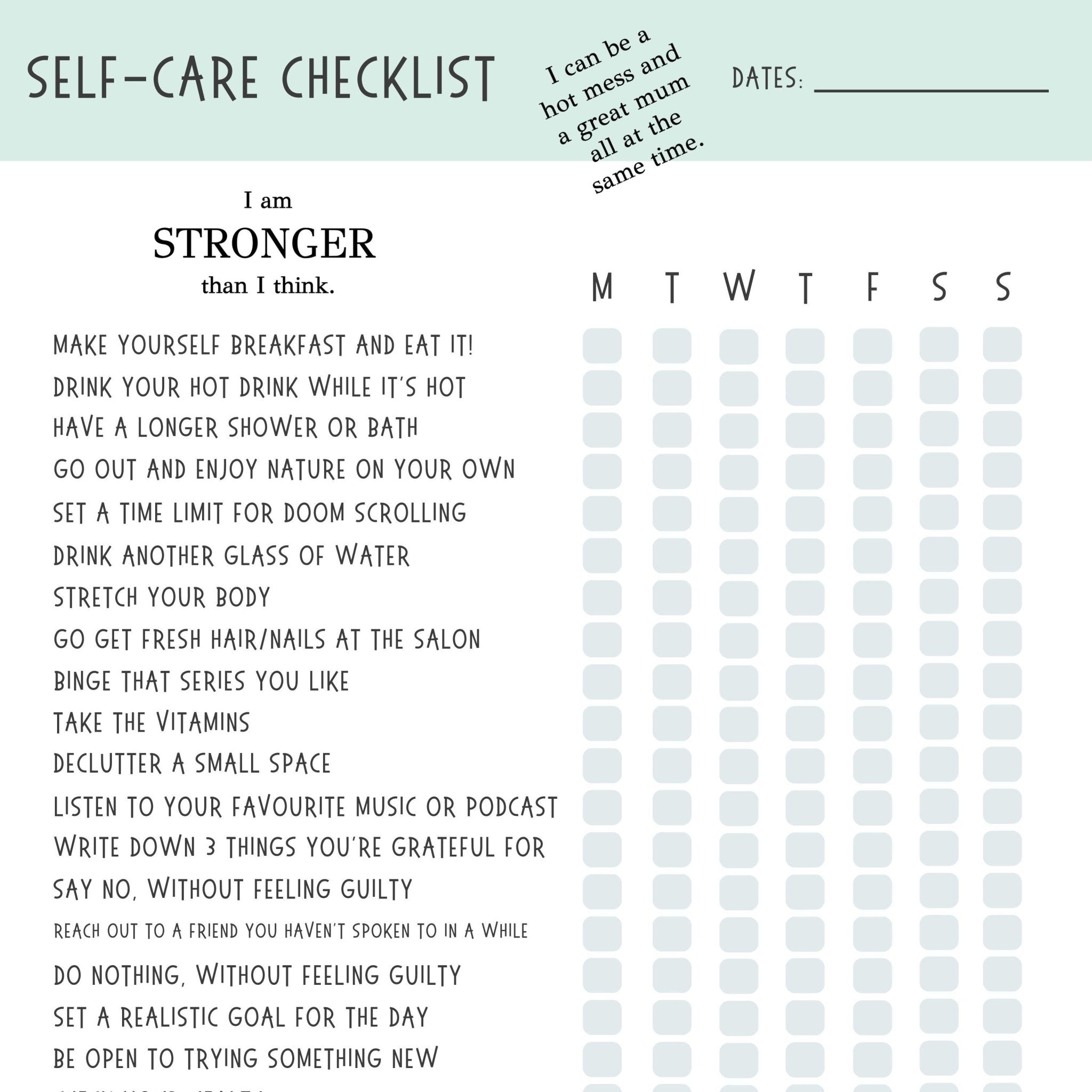 Weekly Self-Care Checklist Printable - ShartrueseWeekly Meal Planner Digital