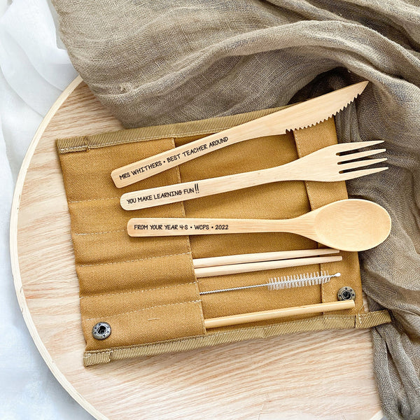 Bamboo Cutlery Set and Carry Pouch - Shartruese